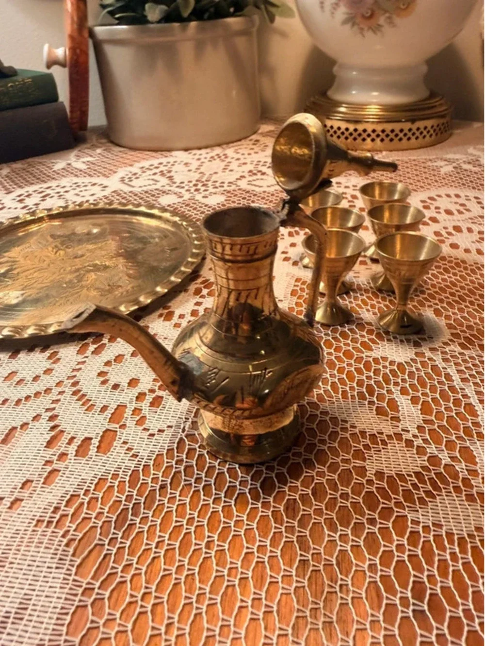 Vintage Miniature Brass Arabic Dallah Coffee Set Tray 6 Goblets
